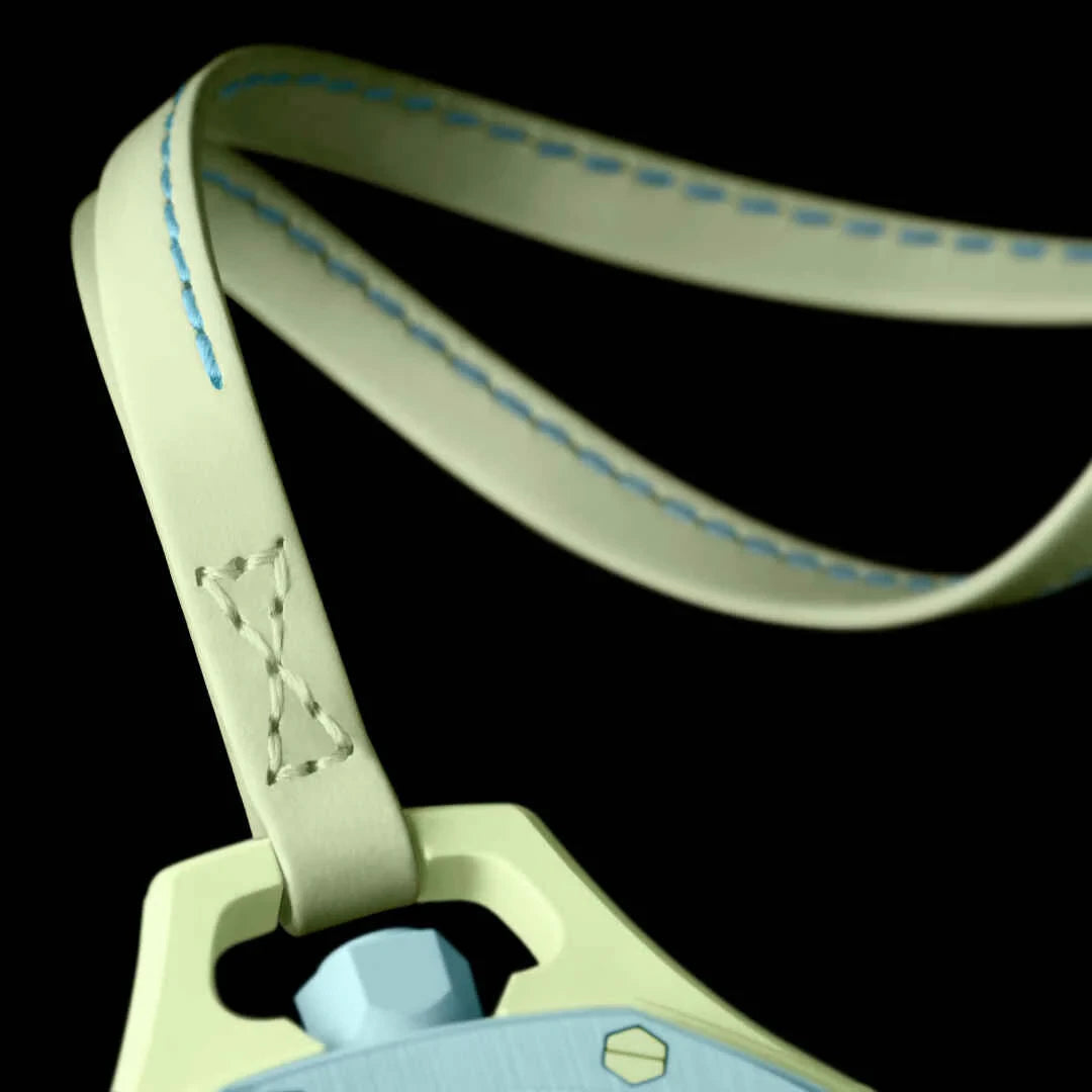 inkspireluxury Audemars Piguet x Swatch Royal Pop pocket watch featuring a pale lime strap with blue contrast stitching