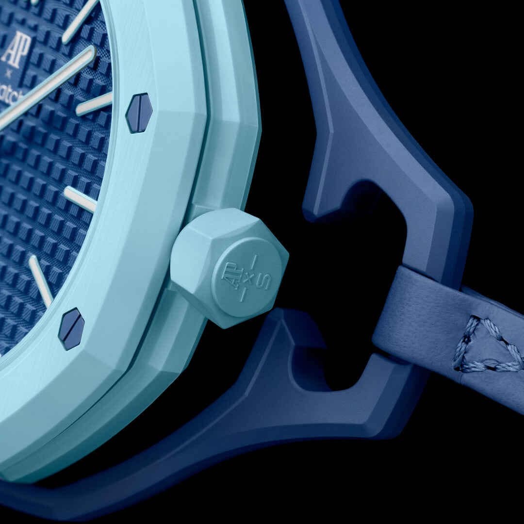 inkspireluxury blue Audemars Piguet x swatch pocket watch with octagonal bezel and geometric grid dial texture