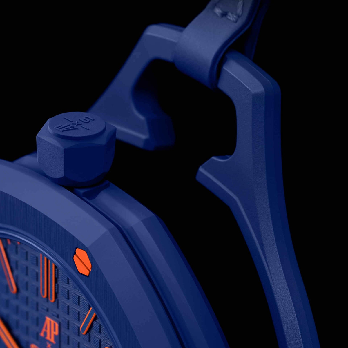 inkspireluxury blue Royal Oak pocket watch with textured dial, orange accents, and integrated lanyard attachment