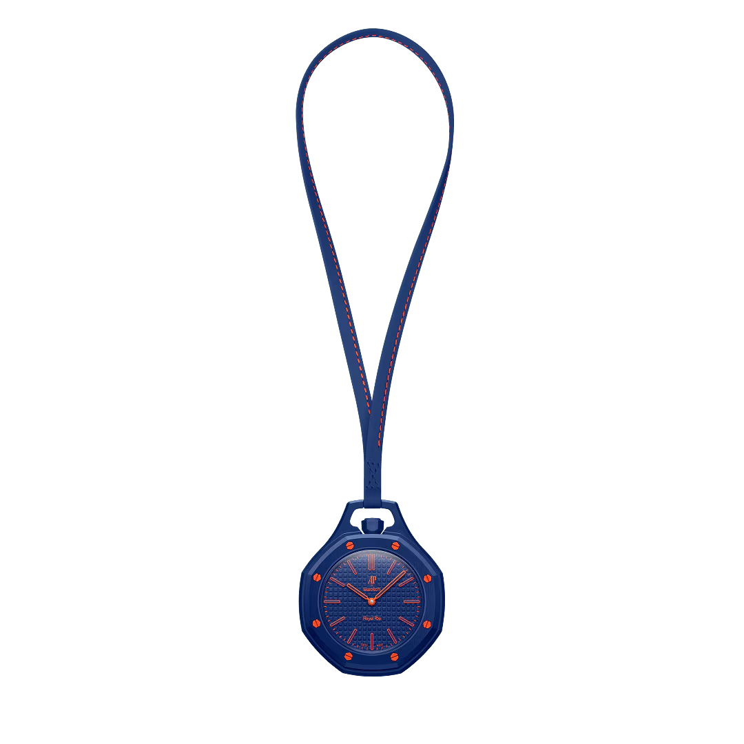 inkspireluxury blue Royal Oak pocket watch with electric orange accents, textured dial, and matching lanyard
