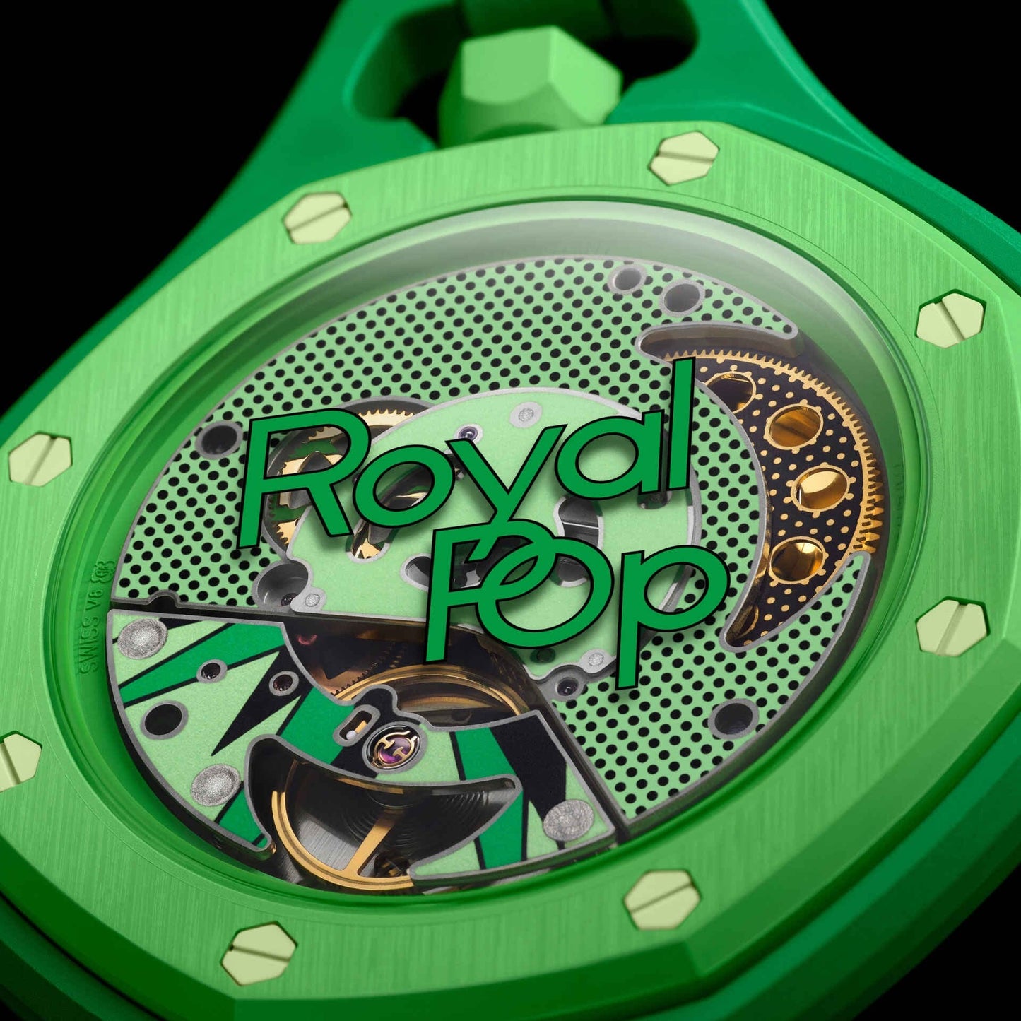 inkspireluxury Audemars Piguet x Swatch Royal Oak pocket watch with a vibrant green case and Royal Pop exhibition back