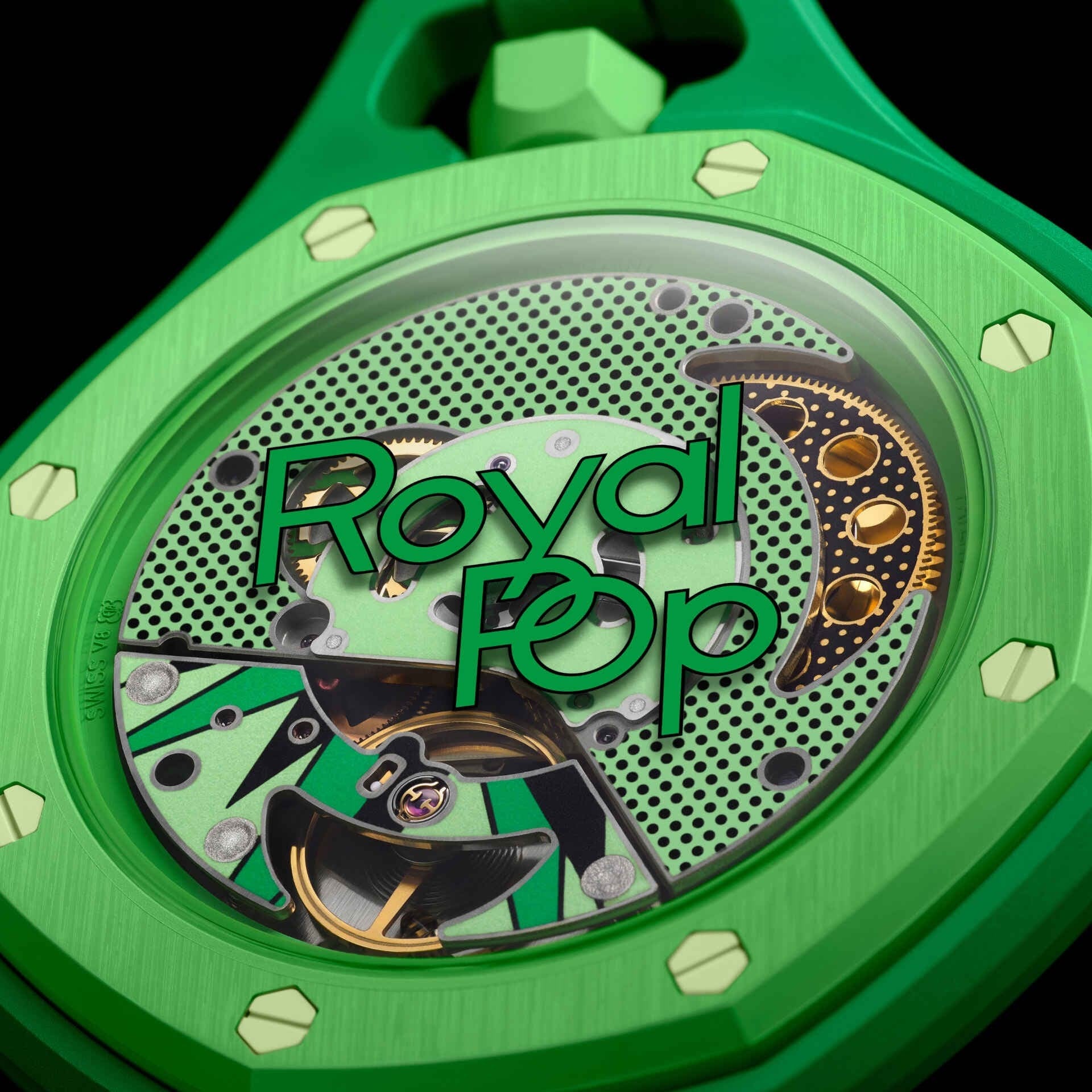 inkspireluxury Audemars Piguet x Swatch Royal Oak pocket watch with a vibrant green case and Royal Pop exhibition back