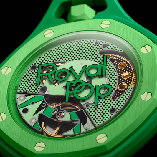 inkspireluxury Audemars Piguet x Swatch Royal Oak pocket watch with a vibrant green case and Royal Pop exhibition back