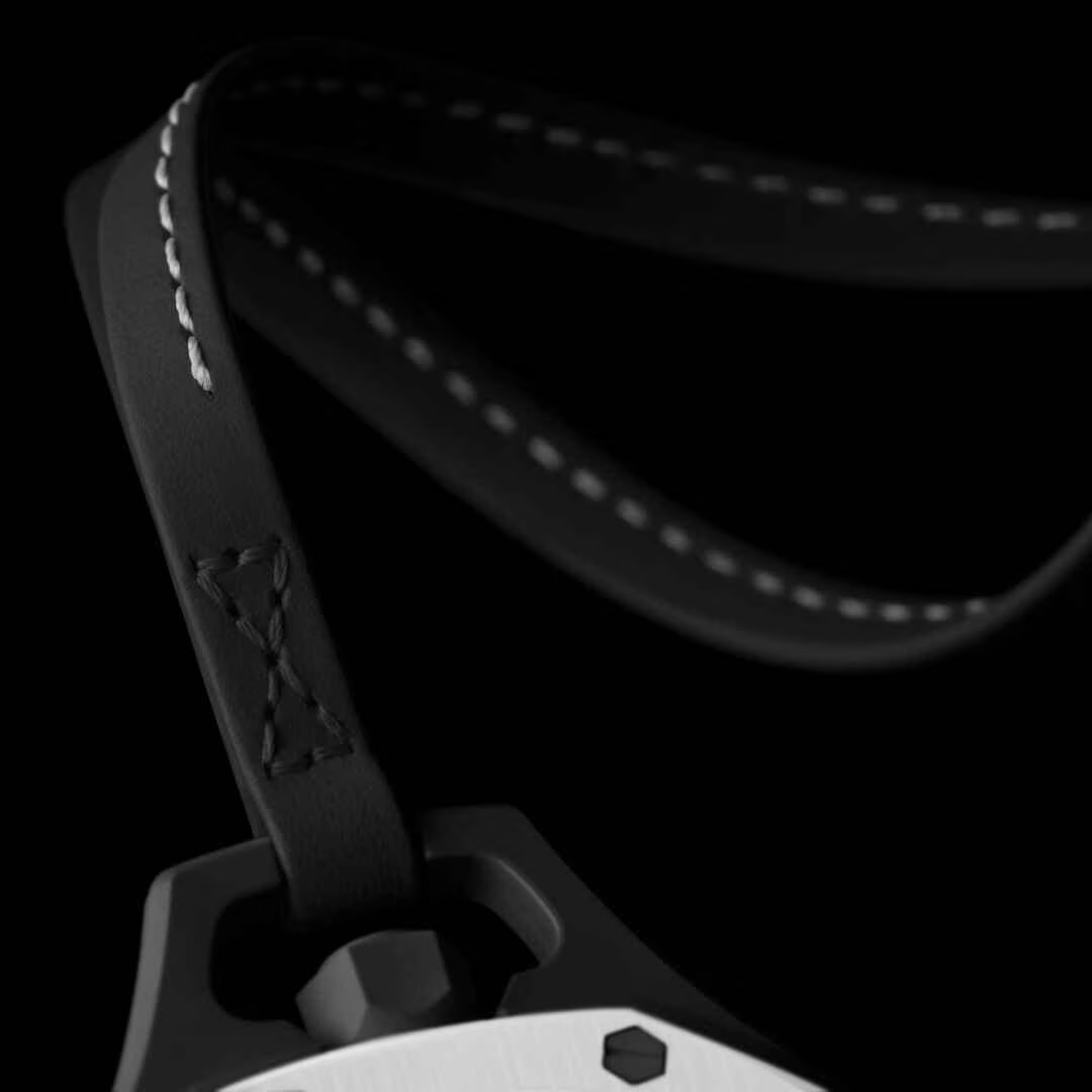 inkspireluxury mechanical pocket watch featuring a black leather strap with white contrast stitching