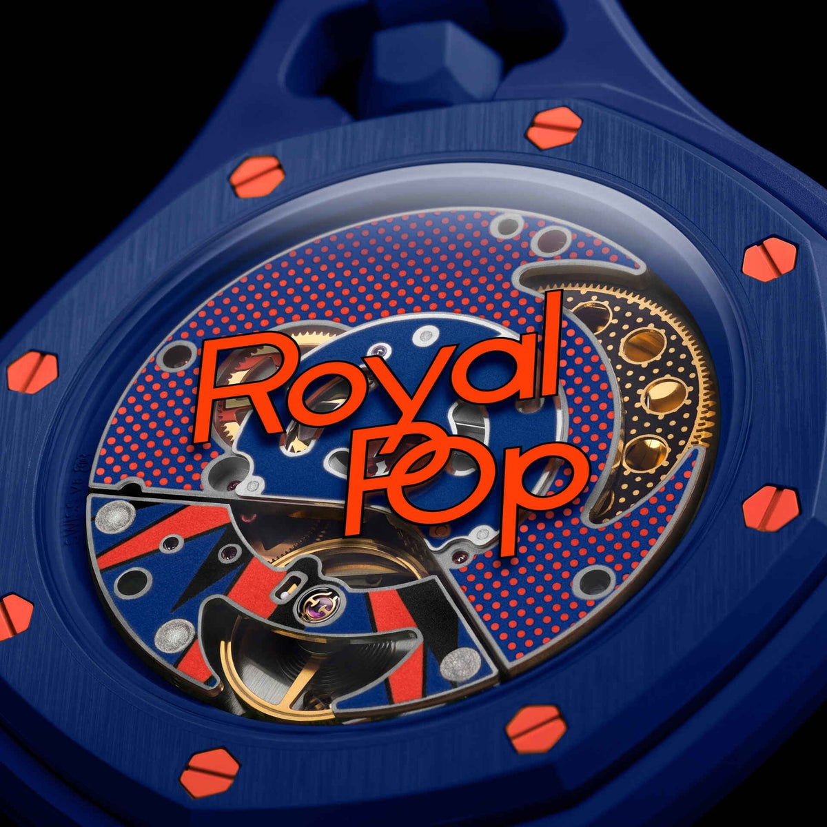 inkspireluxury Royal Pop pocket watch in blue with orange accents and a detailed mechanical movement dial