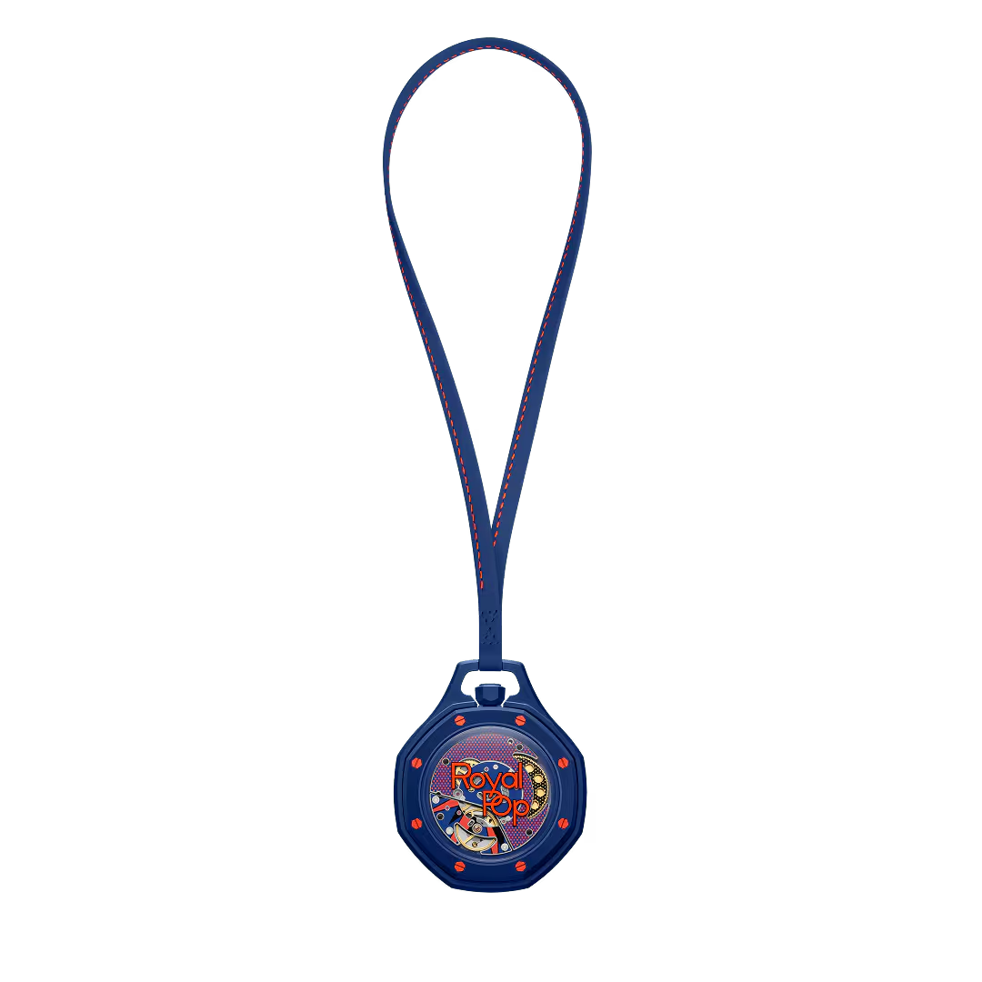 inkspireluxury Royal Pop pocket watch in blue with orange accents, featuring a textured face and integrated lanyard.