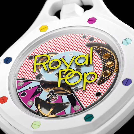 inkspireluxury Royal Pop pocket watch featuring a white case and a vibrant pop art dial with multi-colored accents.