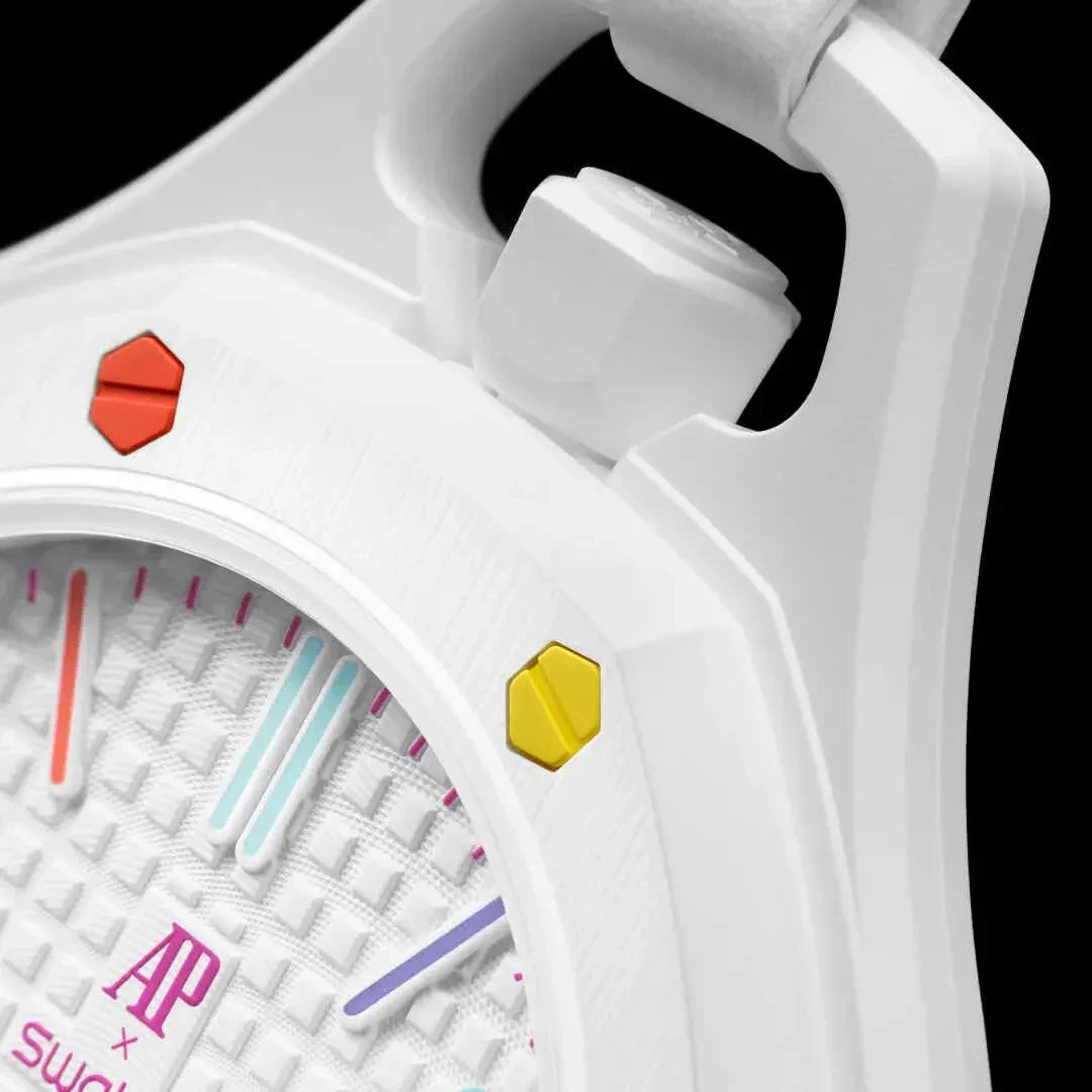 inkspireluxury Royal Oak pocket watch in white with vibrant multi-colored pop art dial accents and hexagonal screws